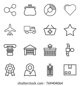 Thin line icon set : share, purse, circle diagram, heart, plane, truck, add to basket, star, column, garage, university, satellite, medal, map, remote control, package