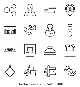 Thin line icon set : share, woman, delivery, dollar pin, gas station, phone 24, support manager, do not hook sign, taxi, atm, service bell, repair tools, rag, bucket and broom, skyscrapers cleaning
