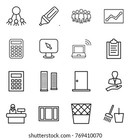 Thin line icon set : share, marker, team, statistics, calculator, monitor arrow, notebook wireless, clipboard, skyscrapers, door, client, reception, window, trash bin, bucket and broom