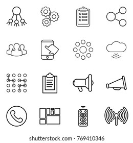 Thin line icon set : share, gear, clipboard, group, touch, round around, cloud wireless, chip, megafon, loudspeaker, phone, consolidated cargo, remote control