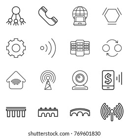 Thin line icon set : share, phone, notebook globe, hex molecule, gear, wireless, server, quantum bond, home, antenna, web cam, mobile pay, bridge