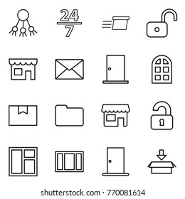 Thin line icon set : share, 24 7, delivery, unlock, shop, mail, door, arch window, package box, documents, unlocked