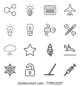Thin line icon set : share, bulb, calendar, plane, satellite, pencil wrench, cloud wireless, star, spark plug, arrival, handwheel, unlocked, rake, syringe