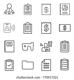 Thin line icon set : share, report, receipt, annual, pass card, clipboard, copybook, slum, architector, check, documents, document, list