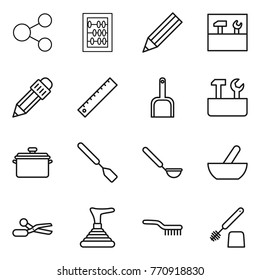 Thin line icon set : share, abacus, pencil, tools, ruler, scoop, repair, pan, spatula, ladle, mortar, scissors, plunger, brush, toilet