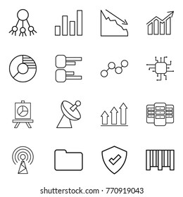 Thin line icon set : share, graph, crisis, diagram, circle, chip, presentation, satellite antenna, up, server, documents, protected, bar code