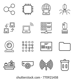 Thin line icon set : share, chip, notebook globe, virus, connect, wireless, server, crystall memory, web cam, invoice, documents, baggage checking, surveillance camera, trash bin