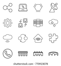 Thin line icon set : share, notebook, hex molecule, satellite antenna, round around, connect, server, cloude service, cloud wireless, quantum bond, home, puzzle, phone, bridge