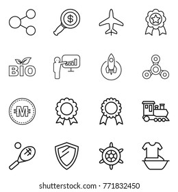Thin line icon set : share, dollar magnifier, plane, medal, bio, presentation, rocket, spinner, crypto currency, train, tennis, shield, handwheel, handle washing