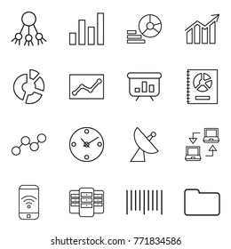 Thin line icon set : share, graph, diagram, circle, statistics, presentation, annual report, clock, satellite antenna, notebook connect, phone wireless, server, bar code, documents