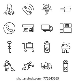 Thin line icon set : share, call, 24 7, delivery, phone, gas station, shipping, consolidated cargo, do not hook sign, baggage trolley, distrub, house cleaning, brooming, vacuum cleaner, home