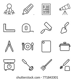 Thin line icon set : share, marker, abacus, telescope, ruler, measuring tape, repair, construction, drawing compasses, cafe, cutting board, pan, kitchen scales, whisk, fork, toilet brush