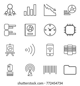 Thin line icon set : share, graph, crisis, diagram, annual report, clock, chip, presentation, wireless, phone, server, crystall memory, antenna, bar code, documents
