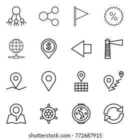 Thin line icon set : share, flag, percent, globe connect, dollar pin, left arrow, lighthouse, geo, map, route, handwheel, compass, reload