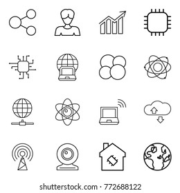 Thin line icon set : share, woman, diagram, chip, notebook globe, atom core, connect, wireless, cloude service, antenna, web cam, smart house