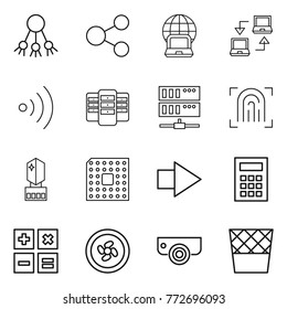 Thin line icon set : share, notebook globe, connect, wireless, server, fingerprint, crystall memory, cpu, right arrow, calculator, cooler fan, surveillance camera, trash bin