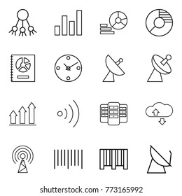 Thin line icon set : share, graph, diagram, circle, annual report, clock, satellite antenna, up, wireless, server, cloude service, bar code