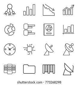 Thin line icon set : share, graph, crisis, diagram, circle, annual report, clock, chip, satellite antenna, server, documents, bar code