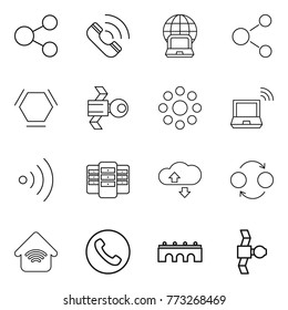 Thin line icon set : share, call, notebook globe, molecule, hex, satellite, round around, wireless, server, cloude service, quantum bond, home, phone, bridge