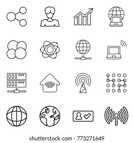 Thin line icon set : share, woman, diagram, notebook globe, atom core, connect, wireless, server, home, antenna, chip, check in