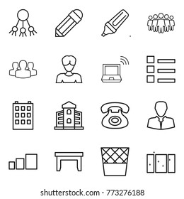 Thin line icon set : share, pencil, marker, team, group, woman, notebook wireless, list, building, phone, client, sorting, table, trash bin, clean window