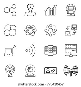 Thin line icon set : share, woman, diagram, notebook globe, atom core, round around, connect, wireless, server, antenna, web cam, check in