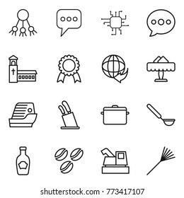 Thin line icon set : share, message, chip, balloon, church, medal, delivery, restaurant, cruise ship, stands for knives, pan, ladle, ketchup, coffee seeds, harvester, rake