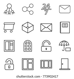 Thin line icon set : share, 24 7, mail, delivery, box, copybook, window, arch, unlock, insurance, unlocked, door