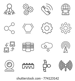 Thin line icon set : share, gear, call, notebook globe, molecule, hex, round around, connect, server, cloude service, antenna, web cam, bridge, satellite, wireless