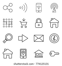 Thin line icon set : share, wireless, phone, antenna, chip, add to cart, lock, home, magnifier, right arrow, mail, info, mobile location, key