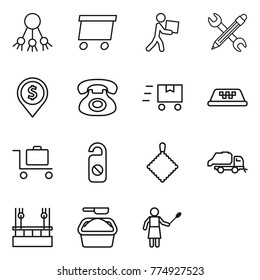 Thin line icon set : share, delivery, courier, pencil wrench, dollar pin, phone, fast deliver, taxi, baggage trolley, do not distrub, rag, trash truck, skysrcapers cleaning, washing powder