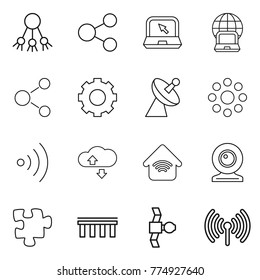 Thin line icon set : share, notebook, globe, molecule, gear, satellite antenna, round around, wireless, cloude service, home, web cam, puzzle, bridge