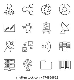 Thin line icon set : share, circle diagram, statistics, chip, presentation, satellite antenna, notebook connect, wireless, server, documents, bar code