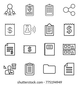 Thin line icon set : share, report, clipboard, receipt, pass card, account balance, copybook, modular house, architector, documents, document