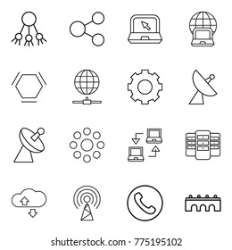 Thin line icon set : share, notebook, globe, hex molecule, connect, gear, satellite antenna, round around, server, cloude service, phone, bridge