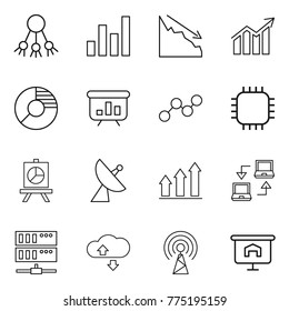 Thin line icon set : share, graph, crisis, diagram, circle, presentation, chip, satellite antenna, up, notebook connect, server, cloude service