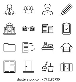 Thin line icon set : share, group, woman, pencil, building, school, district, clipboard check, documents, hotel, reception, armchair, window, door, bucket and broom, clean