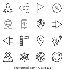 Thin line icon set : share, flag, percent, globe connect, phone wireless, dollar pin, right arrow, left, lighthouse, geo, route, map, handwheel, compass, reload