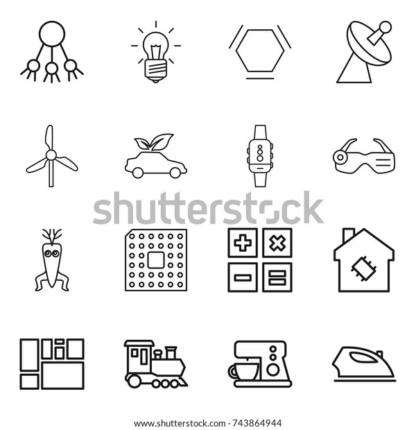 thin line icon set : share, bulb, hex molecule,
satellite antenna, windmill, eco car, smart watch, glasses, dna
modify, cpu, calculator, house, consolidated cargo, train, coffee
maker, iron