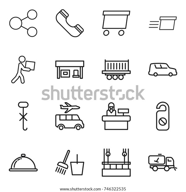 thin line icon set : share, phone, delivery,\
courier, gas station, truck shipping, car, do not hook sign,\
transfer, reception, distrub, meal cap, bucket and broom,\
skysrcapers cleaning, home\
call