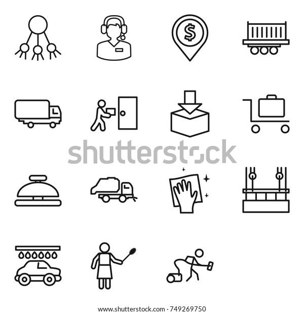 thin line icon set : share, call center, dollar\
pin, truck shipping, courier delivery, package, baggage trolley,\
service bell, trash, wiping, skysrcapers cleaning, car wash, woman\
with duster
