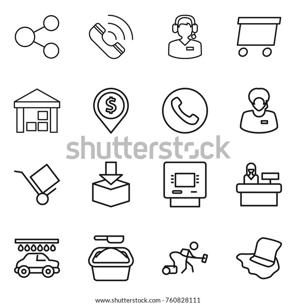 Thin line\
icon set : share, call, center, delivery, warehouse, dollar pin,\
phone, support manager, trolley, package, atm, reception, car wash,\
washing powder, vacuum cleaner,\
floor