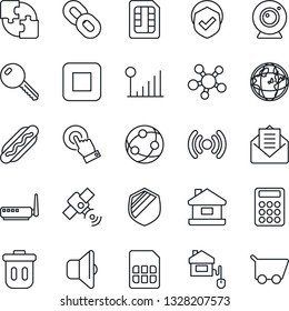 Thin Line Icon Set - shield vector, satellite, network, touch screen, share, chain, mail, stop button, sim, cellular signal, application, calculator, house, key, hot dog, home control, wireless