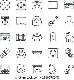 Thin Line Icon Set - shop vector, washer, document, meeting, calendar, shovel, tree, patch, term, oil barrel, camera, tv, user, bell, record, torch, charge, mail, fence, rent, bowl, omelette, gear