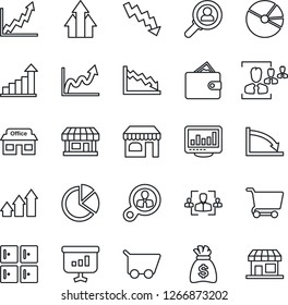 Thin Line Icon Set - shop vector, checkroom, growth statistic, money bag, crisis graph, store, monitor statistics, pie, hr, consumer search, arrow up, wallet, cart, presentation, storefront