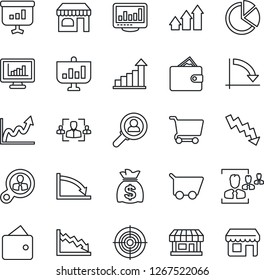 Thin Line Icon Set - shop vector, growth statistic, money bag, crisis graph, store, monitor statistics, pie, hr, target, consumer search, arrow up, wallet, cart, presentation, storefront