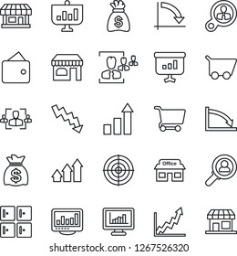 Thin Line Icon Set - shop vector, checkroom, growth statistic, money bag, crisis graph, store, monitor statistics, hr, target, consumer search, arrow up, wallet, cart, presentation, storefront