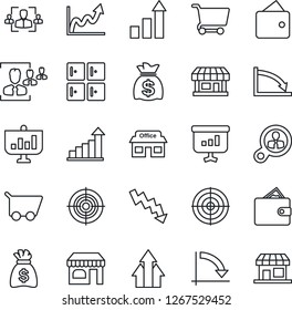 Thin Line Icon Set - shop vector, checkroom, growth statistic, money bag, crisis graph, store, hr, target, consumer search, arrow up, wallet, cart, presentation, storefront