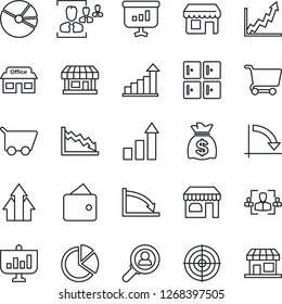 Thin Line Icon Set - shop vector, checkroom, growth statistic, money bag, crisis graph, store, pie, hr, target, consumer search, arrow up, wallet, cart, presentation, storefront