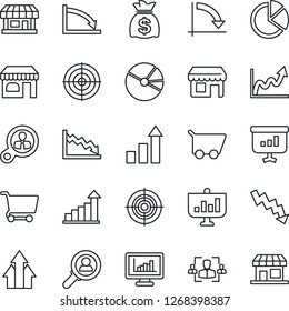 Thin Line Icon Set - shop vector, growth statistic, money bag, crisis graph, store, monitor statistics, pie, hr, target, consumer search, arrow up, cart, presentation, storefront